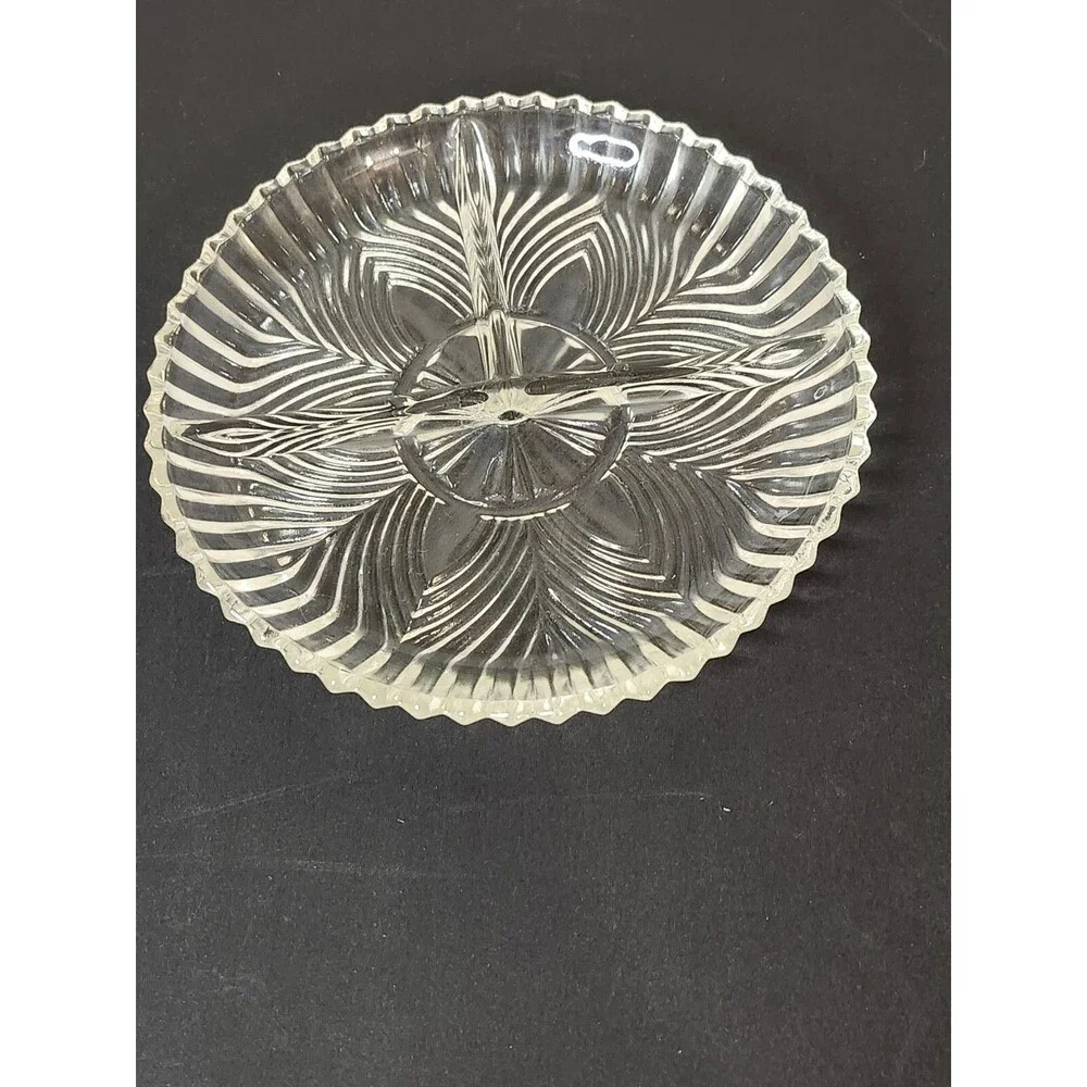 Indiana Glass 3 Section Divided Relish Dish Ridge Fan Pattern Scalloped Edge